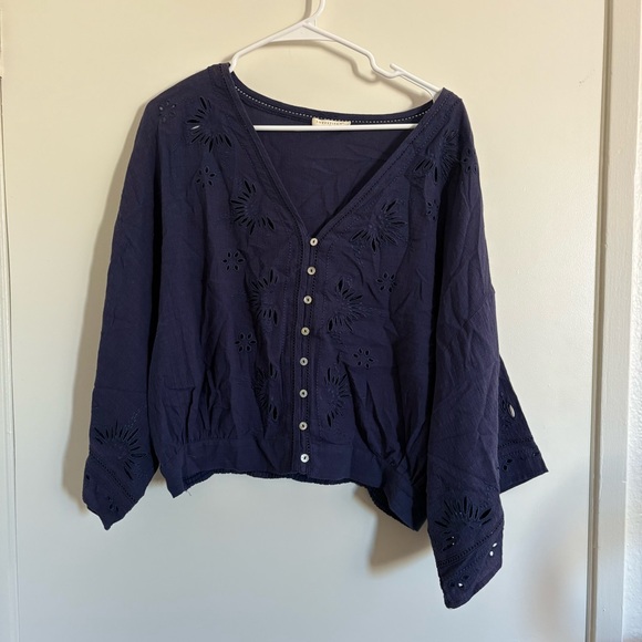 Lovestitch Large Along the Coast Navy Blue Women's Blouse Paisley Cinched Waist - Picture 2 of 11